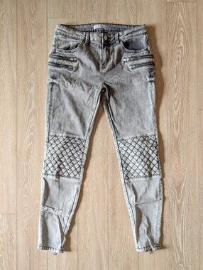 Zara Premium Denim moto skinny jeans high-rise acid-wash gray size 6 zip quilted